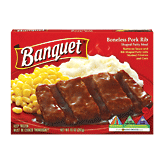 Banquet&nbsp;&nbsp;boneless Pork Rib Meal shaped patty with corn and mashed potatoes Full-Size Picture